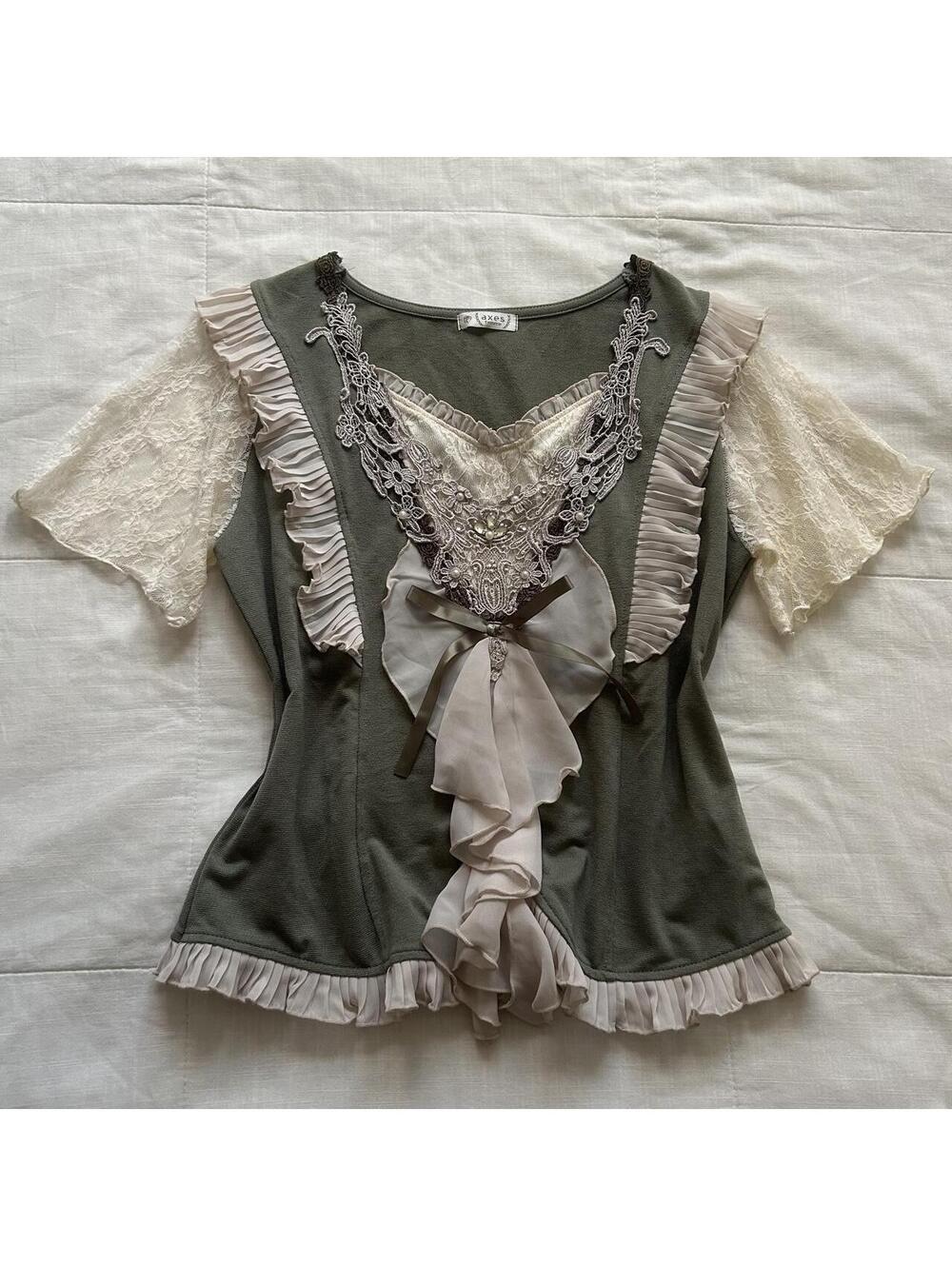 Axes Femme Olive Green Lace Flutter Sleeve Pearl Ribbon Bow Blouse Medium Japan